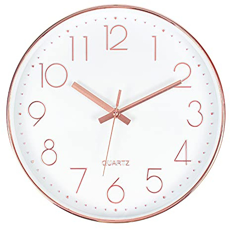 Tebery 12 Zoll Rund Wanduhr - Groß Ohne Tickgeräusche, Modern Quartz Lautlos für Wohnzimmer, Büro und Cafeteria (30cm, Rosegold)