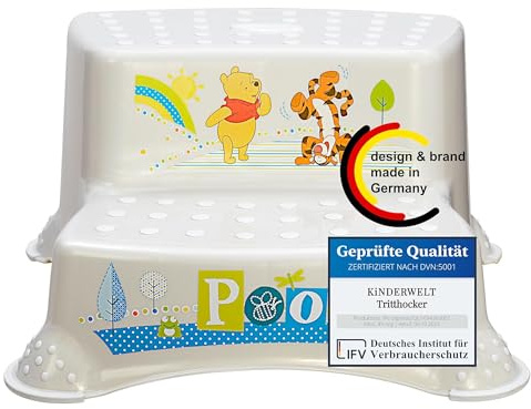 KINDERWELT bianco perla Premium sgabello a due gradini Disney Winnie the Pooh sgabello stabile per bambini con funzione antiscivolo bianco perla con grana unica piacevole effetto glitter individuale