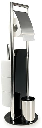 WENKO Stand WC-Garnitur Mod. Ravina Edelstahl 3in1 mit Toilettenpapierhalter und Bürstenhalter inkl Bürste Ø 20 x 70 cm Farbe Silber glänzend und Schwarz