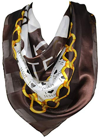 Scarf Shack Selbstgeprägter gestreifter I Love JESUS und herzbedruckter Seiden-Satin-Quadrat-Bandana-Halstuch, Kopftücher, Halstuch (Braun)