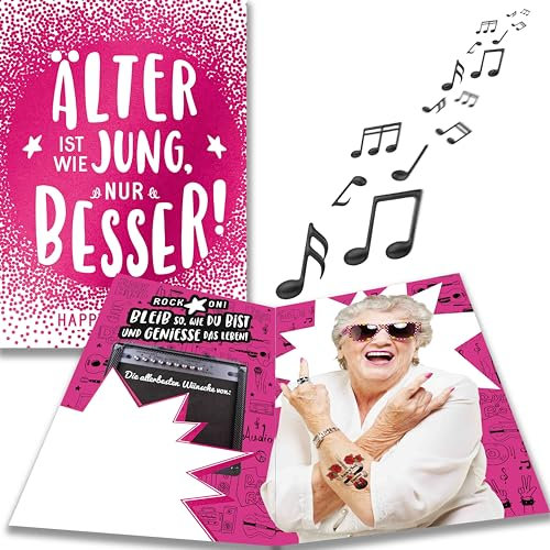 bentino MUSIK Geburtstagskarte Rock-Oma mit LICHTEFFEKT, witzige Musikkarte zum Geburtstag für alle junggebliebenen Damen dieser Welt