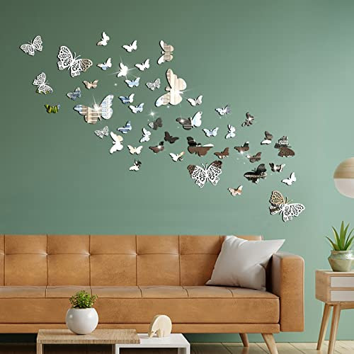 Adesivi Murali a Specchio Farfalla, 48 Pezzi Farfalle Adesivi Argento Acrilico 3d Farfalle Decorative da Parete per Fai Da Te