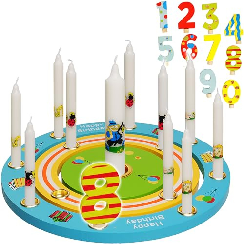 alles-meine.de GmbH 3 TLG. Set: Geburtstagsring/Geburtstagskranz - aus Holz + 10 Zahlenstecker + 11 Kerzen mit Lebenslicht - 19 cm - Kinder bunt/blau - gelb - grün - rot - Ke..
