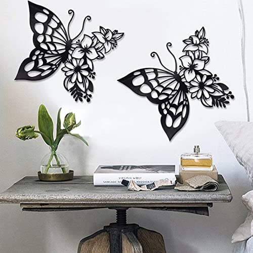 EZ4ENCE 2 Stück Schmetterlings-Dekoration, Wandkunst, Boho-Wanddekoration, hängende Optik, Wanddekoration, Metall, hängende Schmetterling, Dekoration, Blume, Heimwand, schwarz (groß)