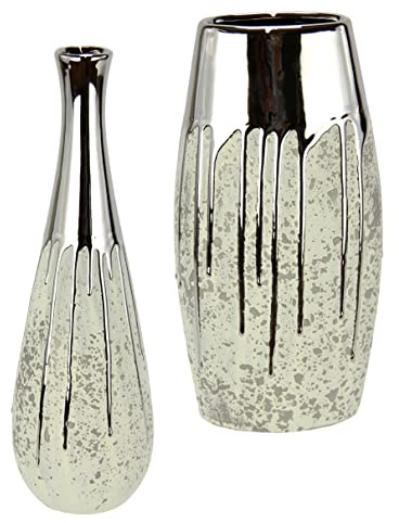 Vase aus Keramik bauchig Dekovase Einzelblumen Trockenblumen Zylindervase Silber weiß matt glänzend Bodenvase Blumenvase Modern Vasen für Tischdeko Tischvase Dekoration Trockenblume Pampasgras 24cm