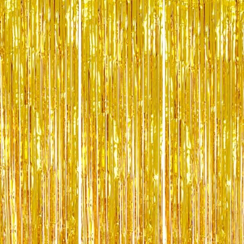 DECOCKRAT 3 Pack Foil Fringe Backdrop - Gold Shiny Tinsel Curtains for Party Decoration/Photo Booth Props - 3.3x8.2 FT Metallic Foil Backdrop for Birthday, Wedding, Graduation, Christmas.