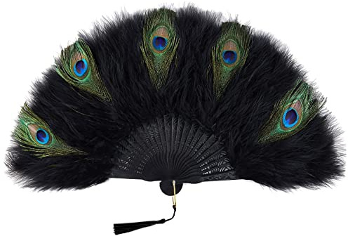 Egurs 1920s Marabou Feather Fan Vintage Style Peacock Handheld Folding Fan Flapper Hand Fans for 20s Vintage Gatsby Party Wedding Halloween Dancing Show Tea Party Costume Decoration