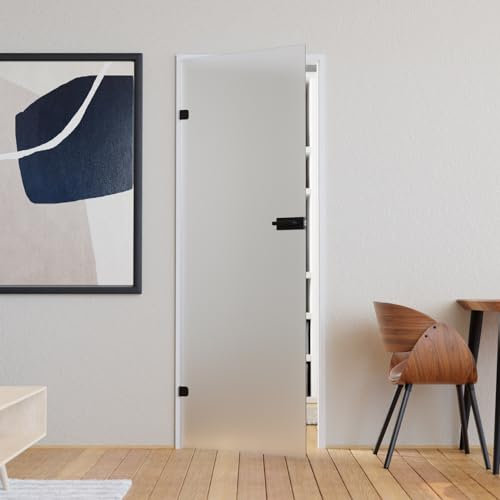 Glastür Komplettset mit Beschlag 834 x 1972 mm Milchglas weiß - Glastüren mit 8mm ESG satiniert - Innentür Glas mit Türgriff schwarz matt eckig Profilzylinder vorgerichtet DIN links
