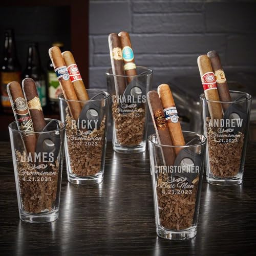 HomeWetBar Engraved Pint Glasses Set with Cigar Cutter for Groomsmen - Perfect Groomsmen Proposal Idea