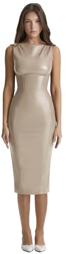 XLLAIS Sleeveless PU Sheath Dress Faux Leather Bodycon Midi Pencil Dress Beige Medium
