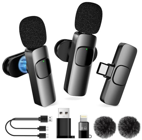 MULBEVD Micrófono Lavalier inalámbrico para iPhone/Android, 2 mini micrófonos de solapa con clip magnético, micrófonos inalámbricos con cancelación de ruido para vlogging, en vivo, grabación de video