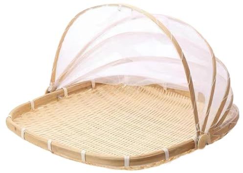 Fruit Basket with Cover 15x15 In Square Woven Bamboo Fruit Bowl with Lid Dust-proof Mesh Wicker Food Serving Tent Bread Baskets for Picnic, Vegetable, Fruits, Meals