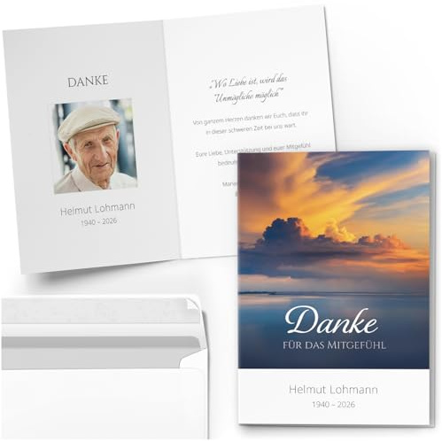 10 Trauer Danksagungen Dankeskarten mi Text und Foto | Individuell anpassbare Trauerkarten mit Briefumschlägen | Karten Design Meer Seebestattung See Natur Wolken Bestattung