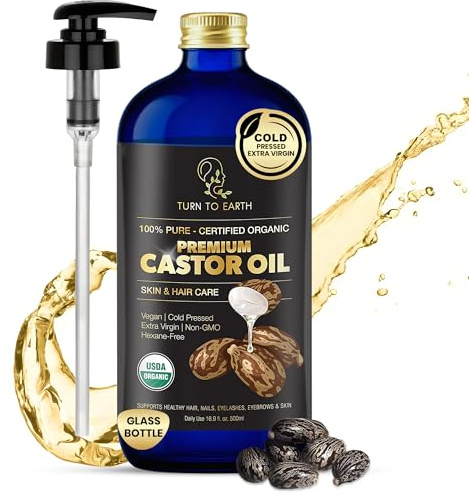 Organic Castor Oil, Cold Pressed, Glass Bottle, USDA Certified Premium Organic, Unrefined, Hexane Free, for Hair Growth, Radiant Skin, Eyebrows, Lashes and Fuller Hair, 16.9 oz w/ Pump (Made in USA)