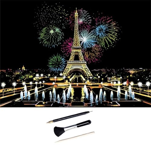 ShipeeKin Kratzbilder für Erwachsene 405 x 285mm A3 Sehenswürdigkeiten Wandbild, Beschichtete Bunte Kratzpapier mit Werkzeug Set (Paris mit Feuerwerk)