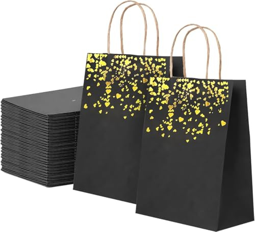 AMJKEJI 15 Stück Geschenktüten Klein, Papiertüten mit Henkel Schwarz Bronzing mit Gold Herz Geschenktüten für Hochzeit, Geburtstag, Halloween, Weihnachten - 15×8×21cm