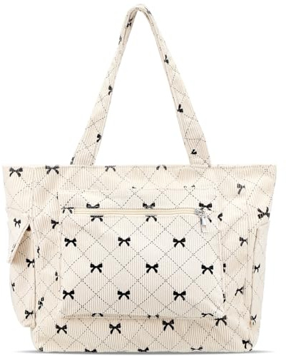 Bow Tote Bag for Women Large Corduroy Shoulder Bag with Pockets and Zipper Bow Purse for Work Travel Gift for Mother's Day(Beige)