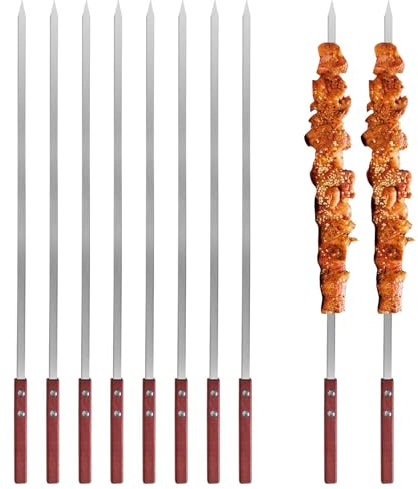 8 Pezzi Spiedini Barbecue Piatti, Spiedini per Carne, Spiedini Piatti Acciaio Inossidabile, Riutilizzabile Spiedini BBQ con Manico in Legno per Carne, Verdure, Gamberi (60cm)