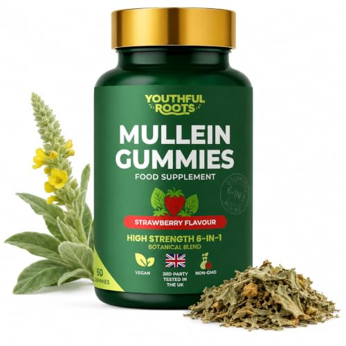 Youthful Roots Mullein Lung Support 60 Gummies. 6 in 1 Botanical Blend with Elderberry, Marshmallow Root & Licorice Root Extract, Quercetin and Bromelain