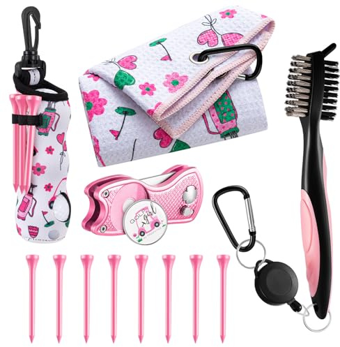 Liliful 13 Pcs Pink Golf Accessories Kit with Cute Pattern, Include Golf Ball Bag with Hook Towel Tees Magnetic Ball Marker Divot Tool Cleaner Brush for Women Girls Gifts