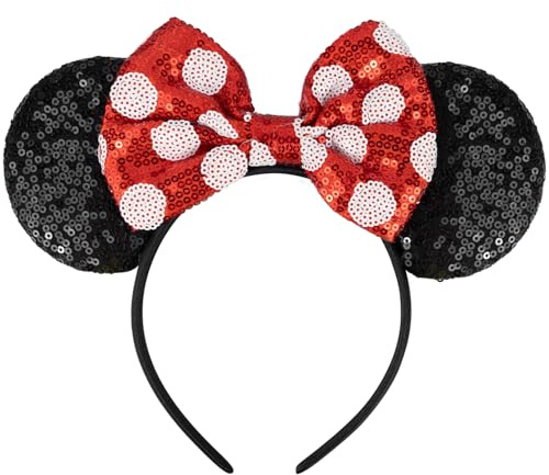 Mouse Ears Headbands, Sparkly Sequin Bow Headbands Glitter Elastic Adjustable Headband Cosplay Costume for Women Birthday Halloween Party Decoration Gifts Accessories F4-SEFG