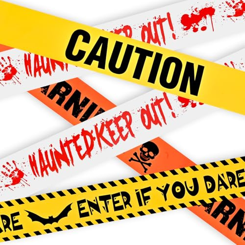JIAWWAN Nastro di Avvertimento di Halloween, 4 Pezzi Nastro di Avvertenza Nastri di Cautela di Halloween, Nastro Segnaletico Pericolo per Halloween Decorazioni, Zombi Party, Avviso di area pericolosa