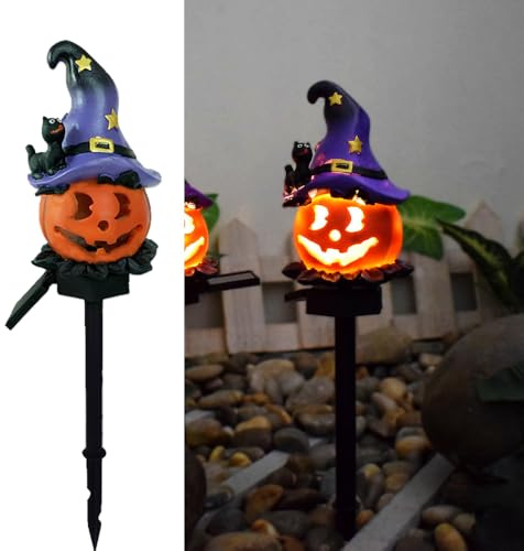 YZYOE LED Solar Wizard Kürbis Bodenlicht, Halloween Outdoor Atmosphäre Dekoration Lampe, niedliche schwarze Hut Kürbis Innenhof warme Lichter.