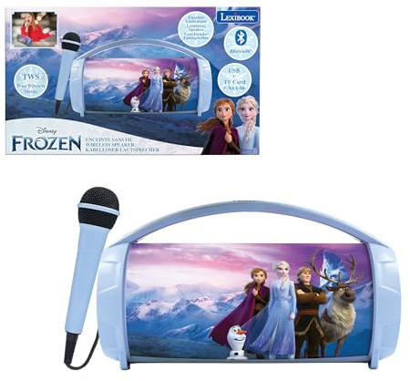 Lexibook, Frozen, Wireless light speaker with microphone, Stereo sound, Karaoke function, USB and SD card ports, Rechargeable battery, Handle to carry everywhere, Blue/Purple, BTP585FZZLXB
