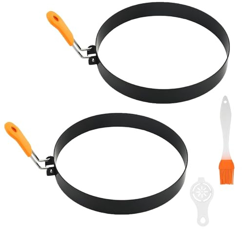 Paquete de 2 anillos de huevo grandes, anillos de huevo de acero inoxidable de 8 pulgadas para freír con mango plegable antiquemaduras, molde antiadherente para panqueques con cepillo de silicona y