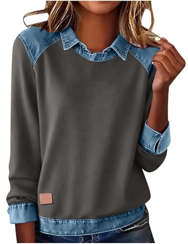 Ybing Maglione da donna Y2K patchwork jeans pulli personalità cowgirls felpa tinta unita risvolto a maniche lunghe camicia comoda top basic top sportivo