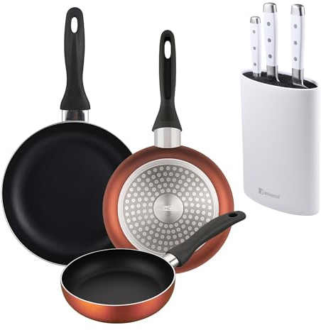 Well Home Set de 3 Sartenes Ø16Ø20Ø24cm de Aluminio prensado en Cobre metalizado+Juego de 3 Cuchillos de acero inoxidable + Tacoma en color Blanco