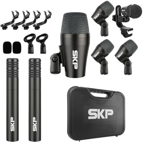 SKP Pro Audio Drum 7 Professional Drum Microphone Kit 7 PCS Complete Set Metal with Kick, Snare, Tom and Overhead Dynamic Mics, Rim Clamps, Windscreens and Hardshell Case, Studio Recording Live Stage