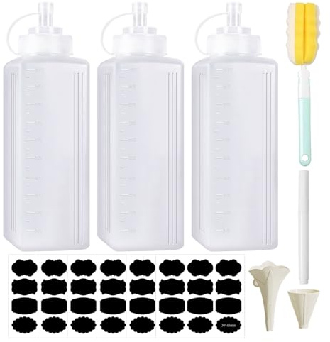 Eiyptzbqm Saucenflasche Quetschflasche Squeeze Flasche 3er Set 1000ml | Dosierspitze, Klare Skalierung, Ketchup, Senf, Mayo, Dressings, BBQ, Kueche, Gastronomie