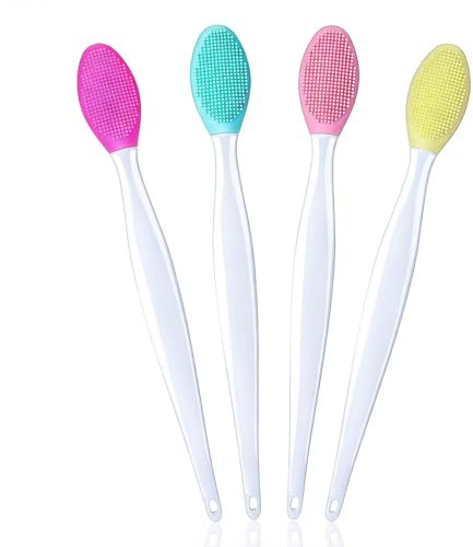 AXNKDH 4 Pack Silicone Lip Exfoliating Brushes, Double Sided Soft Lip Scrub Tool, Reusable Portable Lip Care Applicator in Pink Red Green Yellow, Gentle Daily Lip Smoothing Beauty Accessories