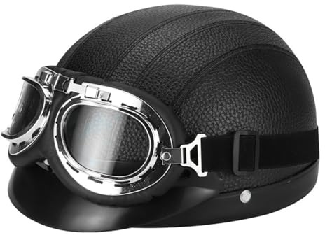Casco Mezza Pelle Per Scooter Con Occhiali Caschi Jet E Demi-Jet Approvato DOTECE Caschi Cromwell Elmetto Scodella Aperto Casco Retrò Moto Per Uomini Donne Quattro Stagioni I,52-62CM