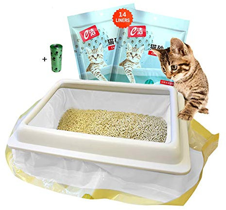 Bandeja Filtro de Arena para Gatos Bolsa con Cordón 2 Paquetes (14 Bolsas), 91.5 × 45.7 cm, para Medianos Areneros Caca Caja Bandejas de Gato, Dar 1 Rollo de Bolsa de Basura para Mascotas (regalo)