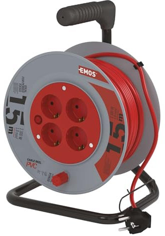 EMOS - Kabeltrommel 15m - 4 Schuko-Steckdosen - 230 V, 10 A, 2300 W - hochwertige PVC-Isolierung - H05VV-F3G 1,0 mm2 - Überhitzungsschutz, Spulenbremse - IP20 für Innen