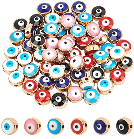 NBEADS 60 Piezas 6 Colores Cuentas de Ojo Malvado, 7.5 mm Abalorios Acrílicos Redondos Planos de Mal de Ojo para Bricolaje Joyería Collar Pulsera Pendiente Fabricación