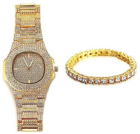 Halukakah Diamant Golduhr Iced Out, Männer 18k Echtgold/Platin Weißgold Plattiert Quarz Armband 24cm Ovales Zifferblatt, mit Tennis-Ketten Halskette Armband-Set Optionen, Kommt mit Geschenkbox