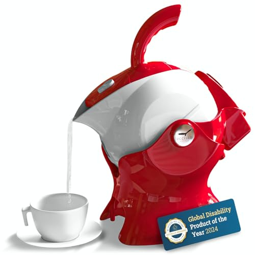 Uccello Electric Safety Kettle | Red Tipper Base Included | Effortless Pour Every Time | Daily Living Drinking Aid For Disabled and Seniors | 1.5 Liters | Red and White