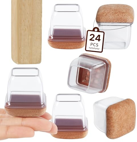 RCHYFEED 22-25mm Stuhlbeinkappen mit Filzpolstern Transparente Silikon, 24 STK Elastische Schutzkappen für Stuhlbeine Eckig Gummi Stumm & Kratzfest, Stuhlbeinschoner mit Filz 1''Filzgleiter