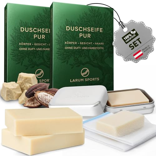 larum sports feste Duschseife Männer, Pur, ohne Duftstoffe, SET | Festes Shampoo, Seife Stück, 3 in 1 für Haare Körper Gesicht, extra mild sensible Haut, Naturseife, vegane Körperseife