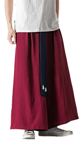 Herren Chinesische Traditionelle Dünne Plus Size Eisseide Hakama Retro Hanfu Tai Chi Kung Fu Freizeithose Red XXL