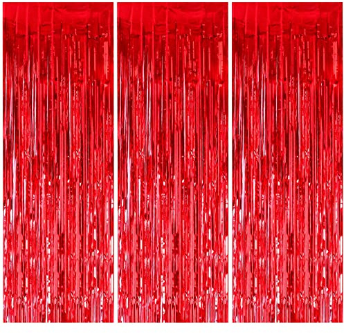 3 Stück Metallic Tinsel Vorhänge, Folie Fransen Vorhange, Schimmer Luftschlangen Vorhang, 1x2m Metallisch Party Lametta Hintergrund für Hochzeit Geburtstag Party Tür Fenster Dekorationen (Rot)