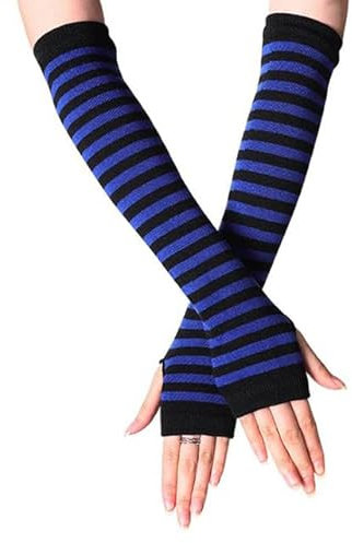 XKUN Armstulpen 1Pair Frauen Arm Wärmere Fingerlose Lange Handschuhe Gestrickt Gestreift War Warm-Blue,One Size