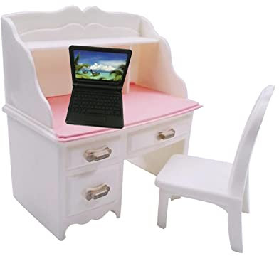 Harilla 1/12 Dollhouse Miniature Desk Chair Set Miniature Dollhouse Furniture Decoration Pretend Play Toy for Bedroom Study Living Room Decor, With Black Laptop