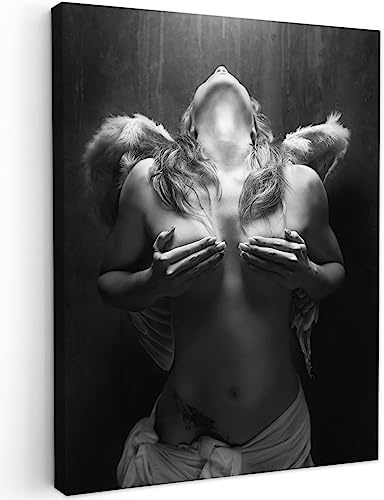 MuchoWow© Erotische Bilder Wohnzimmer Deko Modern Wandbild Foto | 60x80 cm - Leinwand Bild Schlafzimmer Room Decor Geschenke Erotik Frau - Engel - Federn - Porträt - Schwarz und Weiß