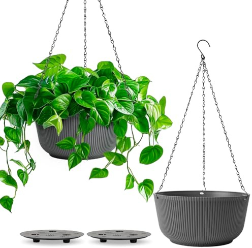 T4u Maceta Colgante 25 cm Pack de 2 con Drenaje para Exterior Gris | Diseño estriado, cadena resistente, plantas verdes, flores, balcón, ventana, hogar, oficina, ahorro de espacio, decoración