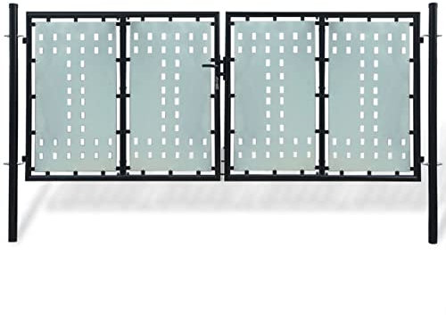 Homgoday Black Double Door Fence Gate 300 x 175 cm, Garden Gate Driveway Fence, Outdoor Garden Yard Patio Entrance Way Door Security Barrier