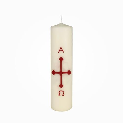 Jaspers Hausosterkerze, Ostertischkerze 200 x Ø 50 mm Kreuz, A+O in Rot (Wachsauflage)